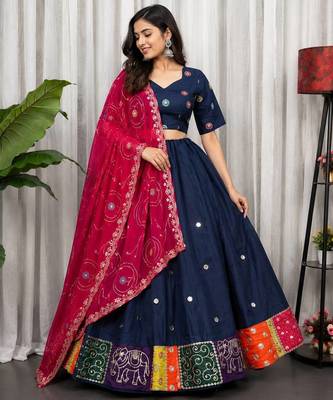 Navy Blue Color Embroidery malti Thred work and sequins work. And Aari mirror work Roman Silk Blend Lahenga Choli Set 1