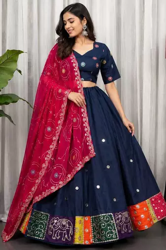Navy Blue Color Embroidery malti Thred work and sequins work. And Aari mirror work Roman Silk Blend Lahenga Choli Set
