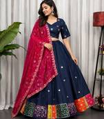 Navy Blue Color Embroidery malti Thred work and sequins work. And Aari mirror work Roman Silk Blend Lahenga Choli Set