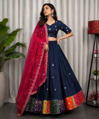 Navy Blue Color Embroidery malti Thred work and sequins work. And Aari mirror work Roman Silk Blend Lahenga Choli Set 3