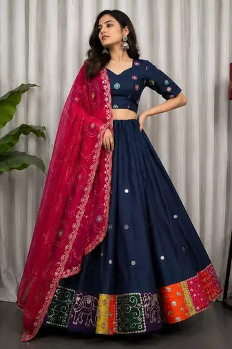 Navy Blue Color Embroidery malti Thred work and sequins work. And Aari mirror work Roman Silk Blend Lahenga Choli Set
