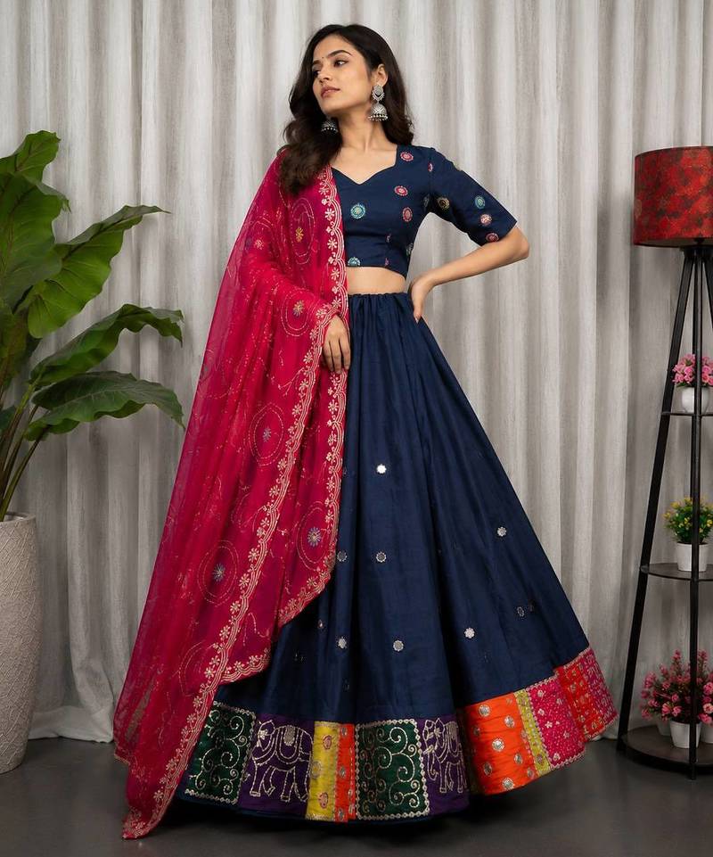 Navy Blue Color Embroidery malti Thred work and sequins work. And Aari mirror work Roman Silk Blend Lahenga Choli Set