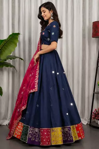 Navy Blue Color Embroidery malti Thred work and sequins work. And Aari mirror work Roman Silk Blend Lahenga Choli Set