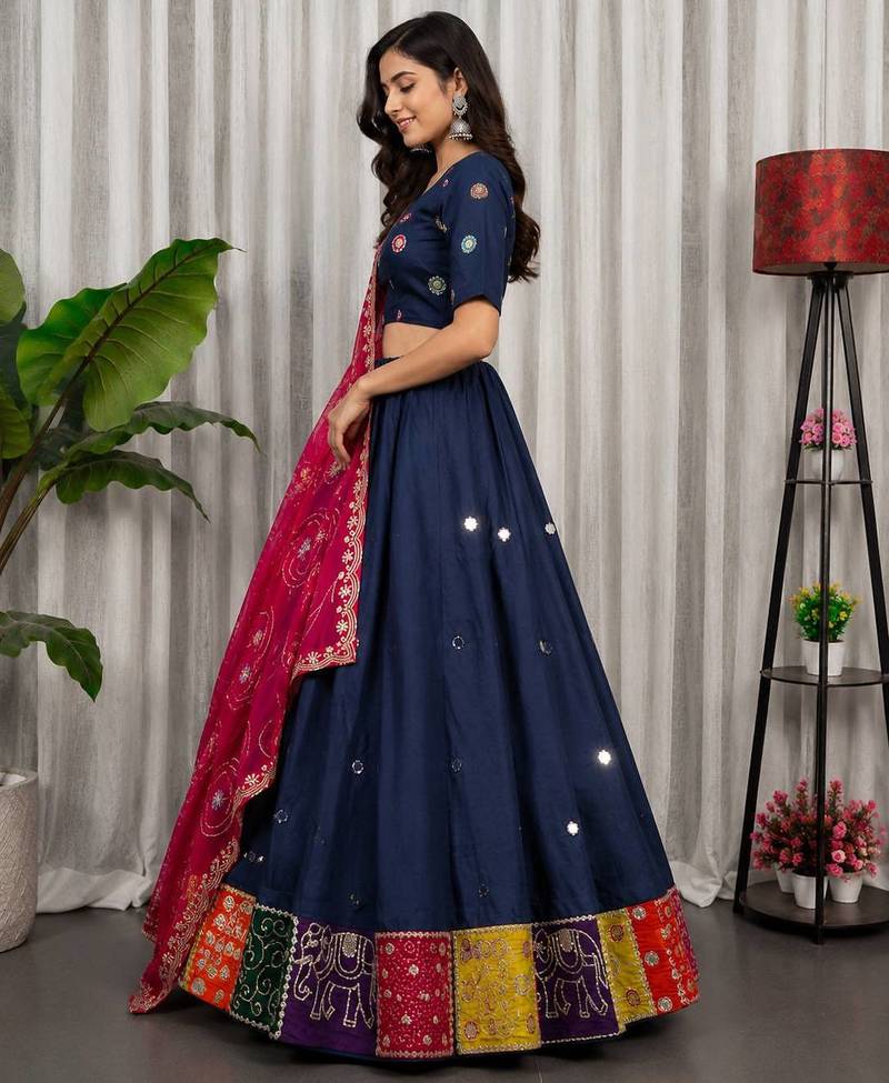 Navy Blue Color Embroidery malti Thred work and sequins work. And Aari mirror work Roman Silk Blend Lahenga Choli Set
