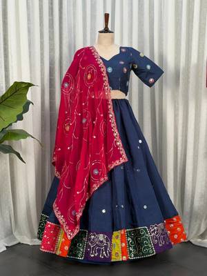 Navy Blue Color Embroidery malti Thred work and sequins work. And Aari mirror work Roman Silk Blend Lahenga Choli Set 5