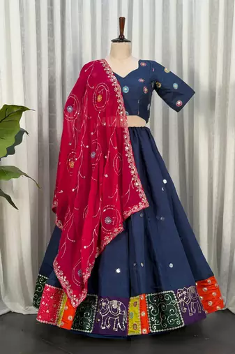 Navy Blue Color Embroidery malti Thred work and sequins work. And Aari mirror work Roman Silk Blend Lahenga Choli Set