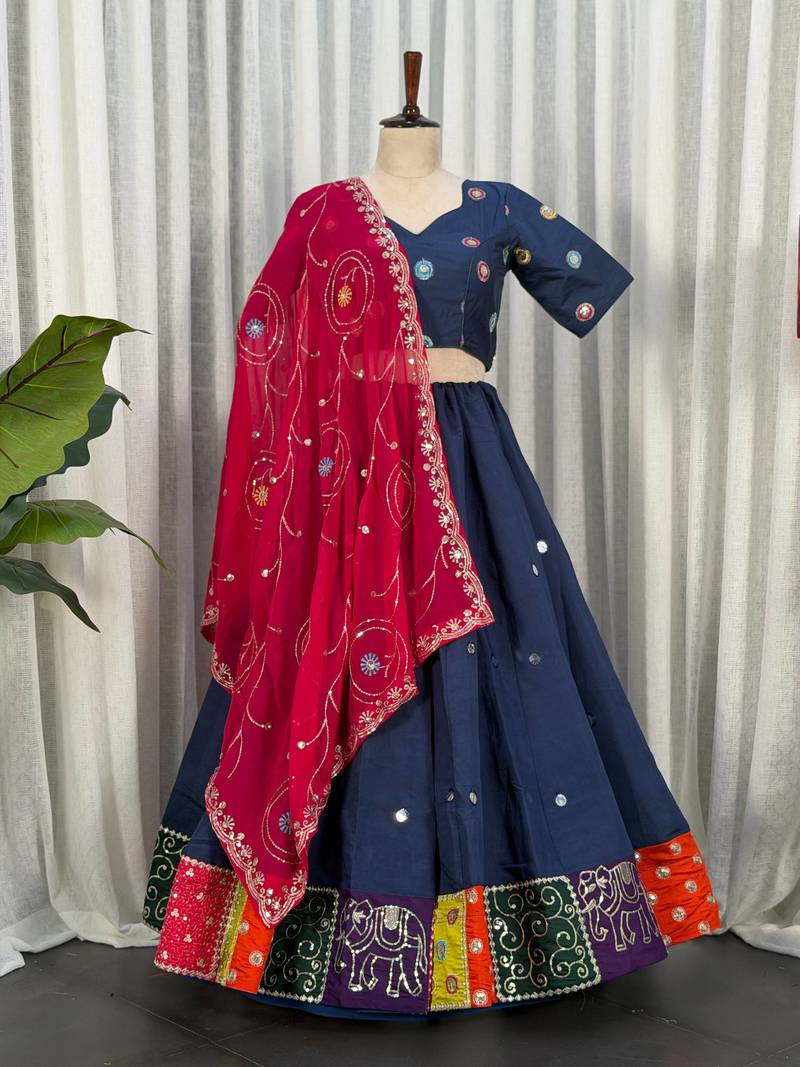 Navy Blue Color Embroidery malti Thred work and sequins work. And Aari mirror work Roman Silk Blend Lahenga Choli Set
