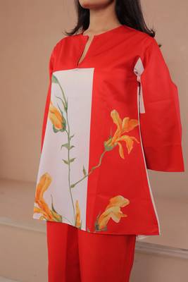Orange floral print linen co-ord set for women 4
