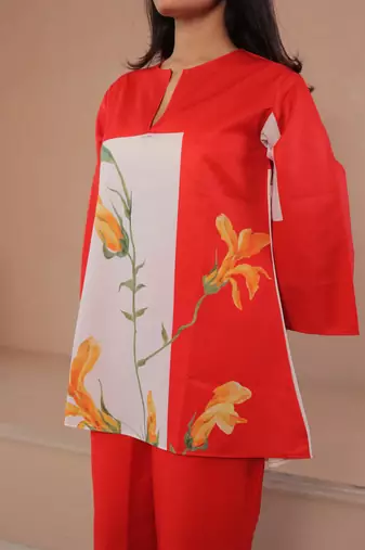 Orange floral print linen co-ord set for women