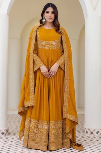 mustard yellow georgette embroidered anarkali gown with matching embroidered dupatta 