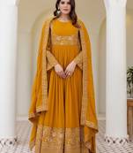 mustard yellow georgette embroidered anarkali gown with matching embroidered dupatta 