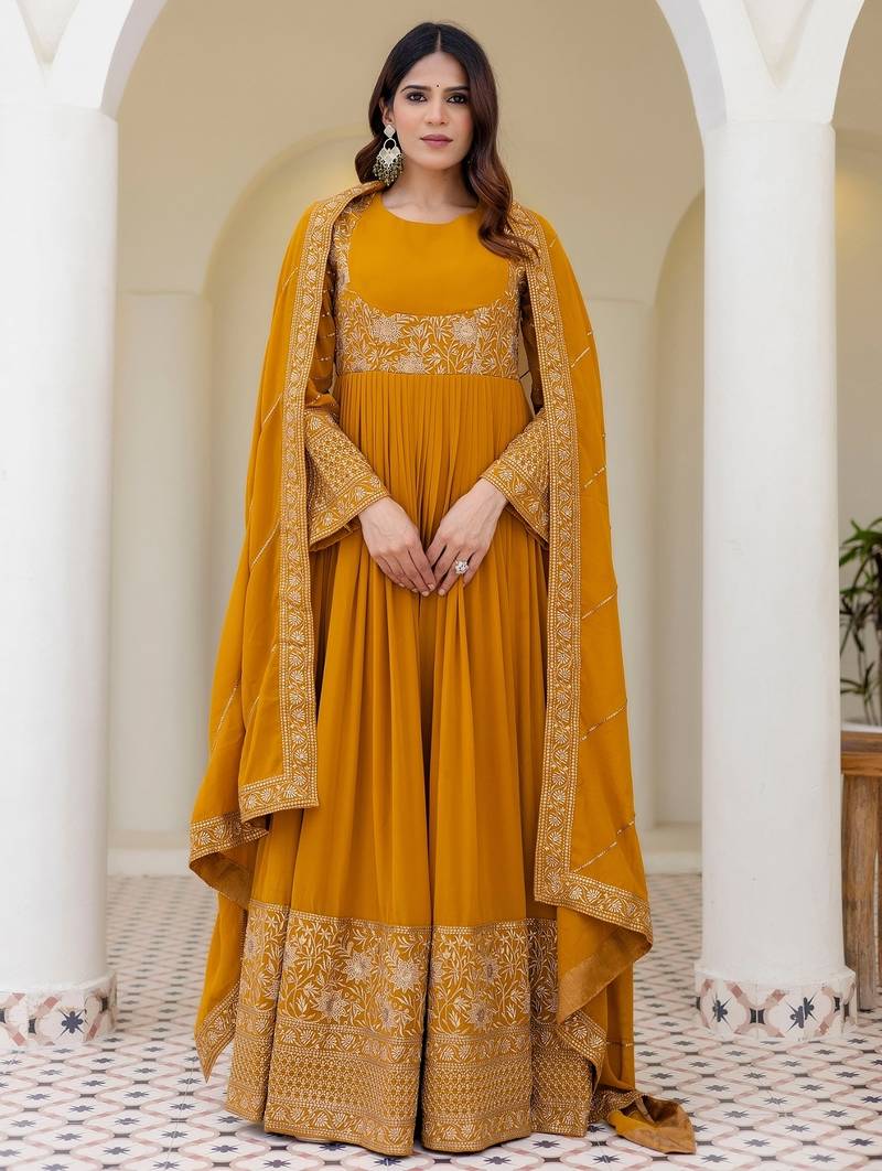 mustard yellow georgette embroidered anarkali gown with matching embroidered dupatta 