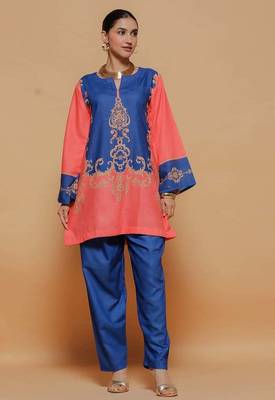 Royal-blue floral print crepe co-ord set for women 1