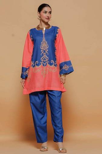 Royal-blue floral print crepe co-ord set for women