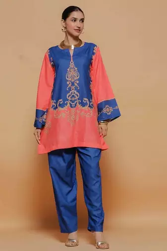 Royal-blue floral print crepe co-ord set for women