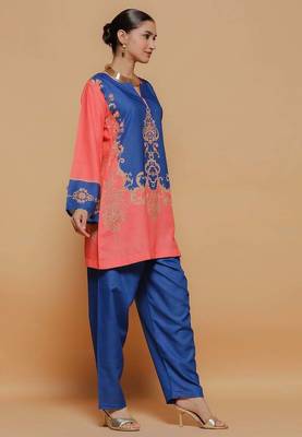 Royal-blue floral print crepe co-ord set for women 2