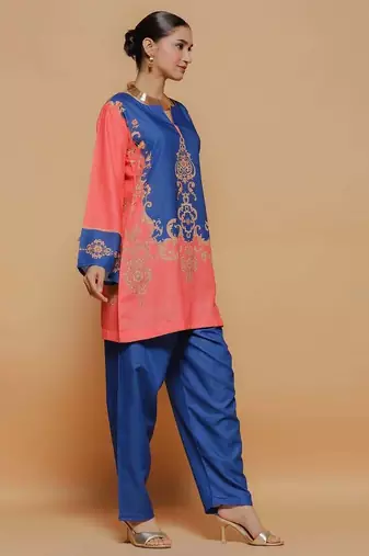 Royal-blue floral print crepe co-ord set for women
