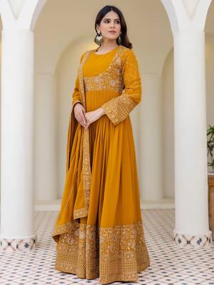 mustard yellow georgette embroidered anarkali gown with matching embroidered dupatta  2