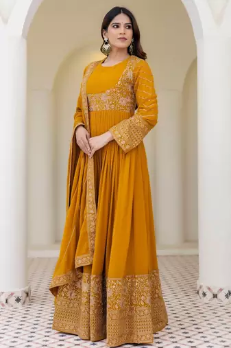 mustard yellow georgette embroidered anarkali gown with matching embroidered dupatta 
