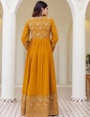 mustard yellow georgette embroidered anarkali gown with matching embroidered dupatta  3
