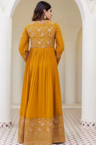 mustard yellow georgette embroidered anarkali gown with matching embroidered dupatta 