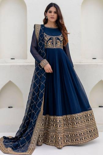 dark teal blue georgette embroidered anarkali gown with heavy embroidered georgette dupatta