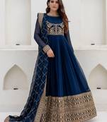 dark teal blue georgette embroidered anarkali gown with heavy embroidered georgette dupatta