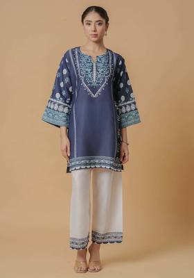 Navy blue floral print linen co-ord set for women 1