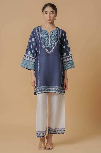 Navy blue floral print linen co-ord set for women