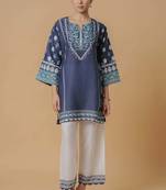 Navy blue floral print linen co-ord set for women