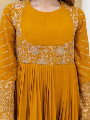 mustard yellow georgette embroidered anarkali gown with matching embroidered dupatta  4