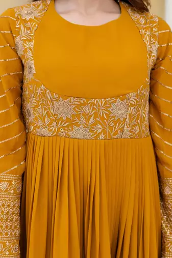 mustard yellow georgette embroidered anarkali gown with matching embroidered dupatta 