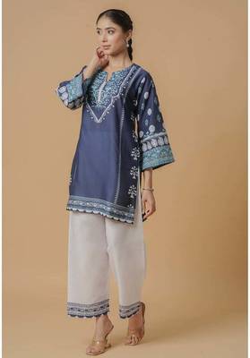 Navy blue floral print linen co-ord set for women 2