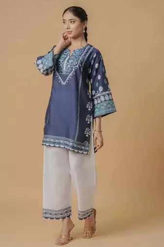 Navy blue floral print linen co-ord set for women