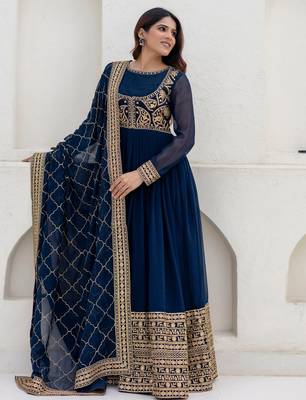 dark teal blue georgette embroidered anarkali gown with heavy embroidered georgette dupatta 2