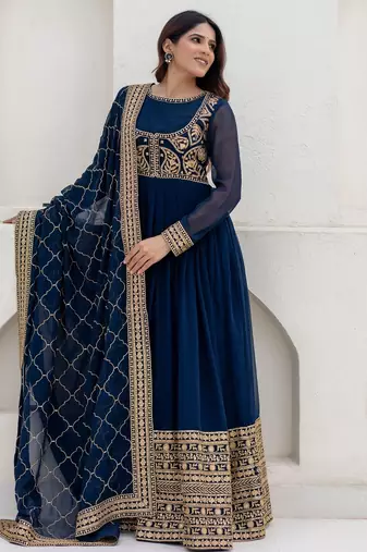 dark teal blue georgette embroidered anarkali gown with heavy embroidered georgette dupatta