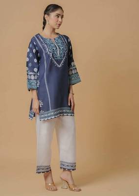 Navy blue floral print linen co-ord set for women 3