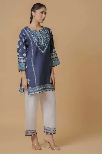 Navy blue floral print linen co-ord set for women