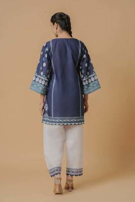 Navy blue floral print linen co-ord set for women 4