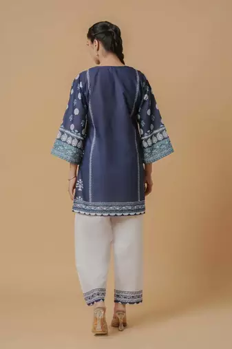 Navy blue floral print linen co-ord set for women