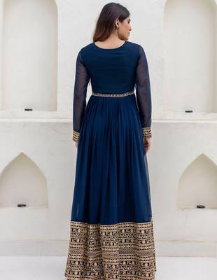dark teal blue georgette embroidered anarkali gown with heavy embroidered georgette dupatta 3