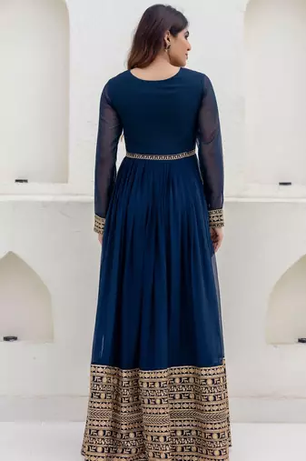 dark teal blue georgette embroidered anarkali gown with heavy embroidered georgette dupatta