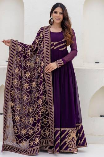 wine georgette embroidered anarkali gown with heavy embroidered georgette dupatta