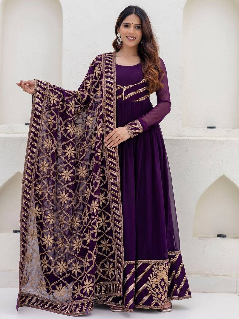 wine georgette embroidered anarkali gown with heavy embroidered georgette dupatta