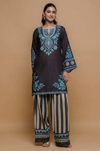 Black floral print crepe co-ord set for women