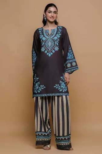 Black floral print crepe co-ord set for women