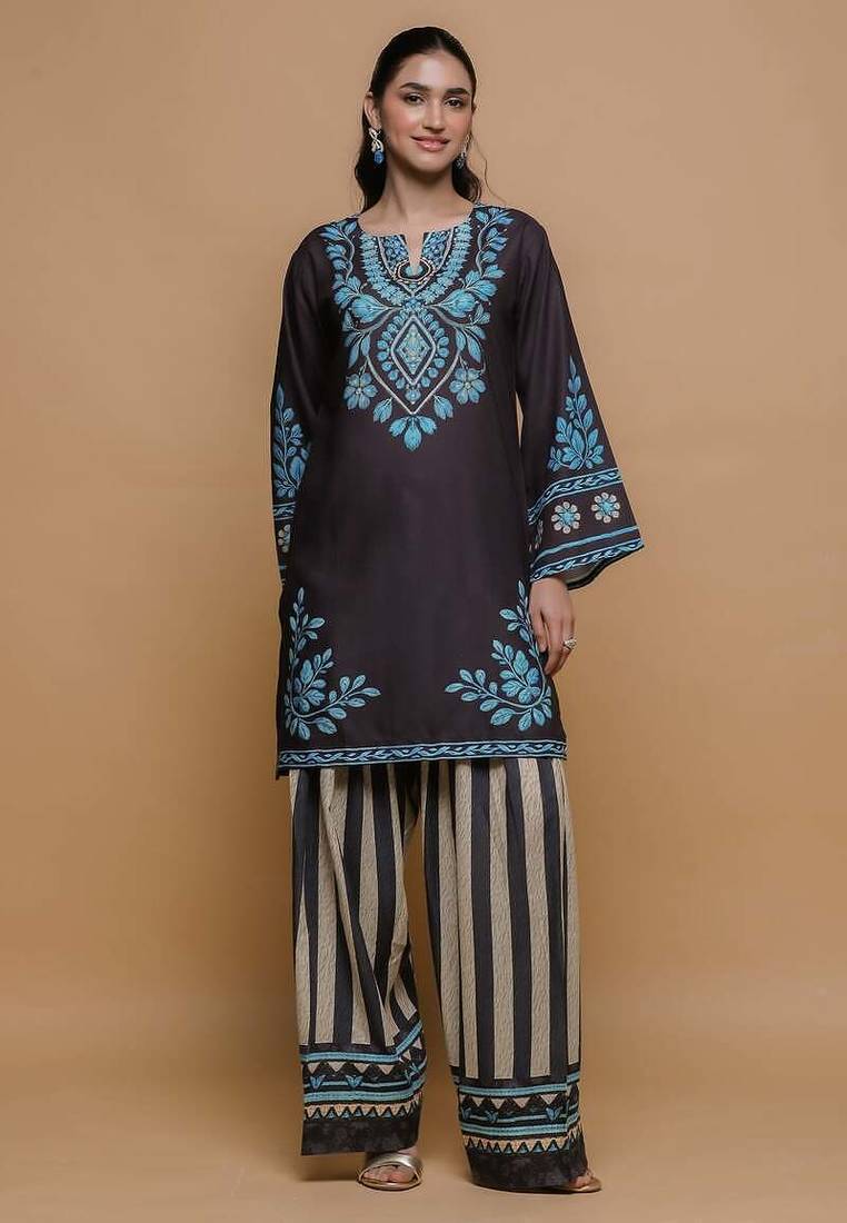 Black floral print crepe co-ord set for women