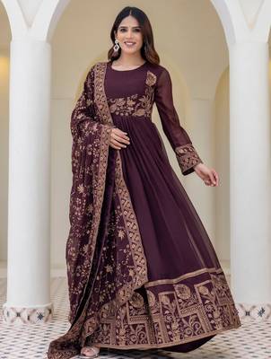 brown georgette embroidered anarkali gown with heavy designer embroidered dupatta  1