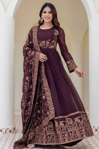 brown georgette embroidered anarkali gown with heavy designer embroidered dupatta 