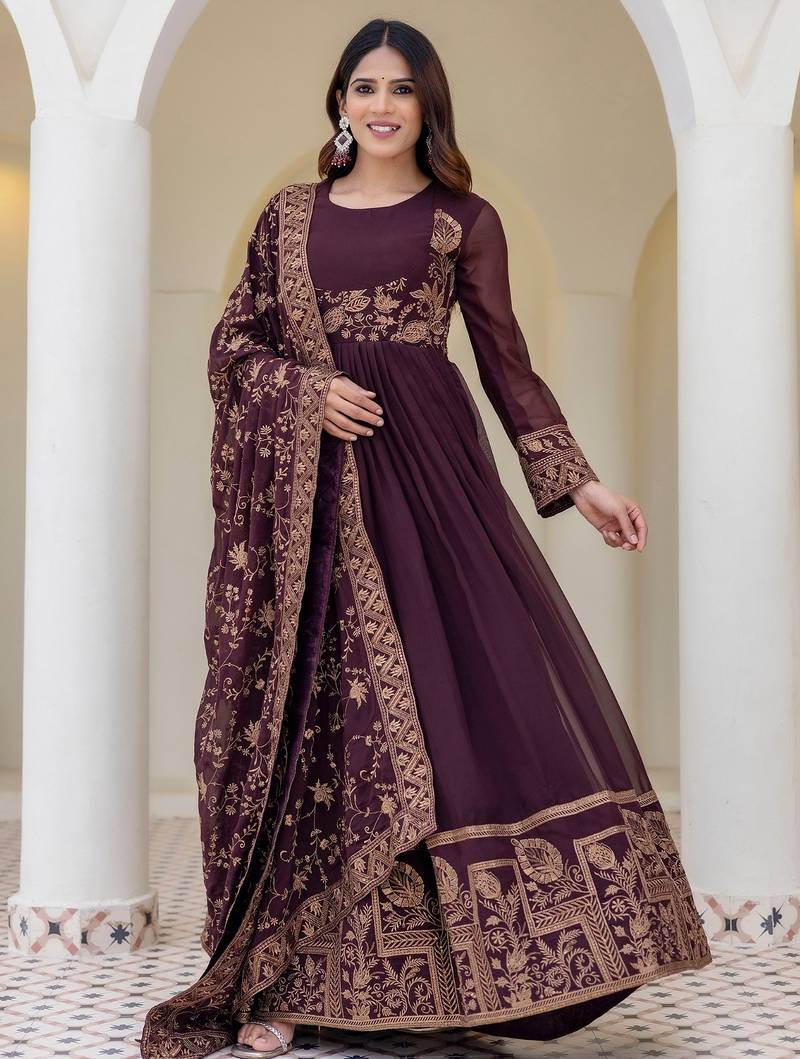 brown georgette embroidered anarkali gown with heavy designer embroidered dupatta 
